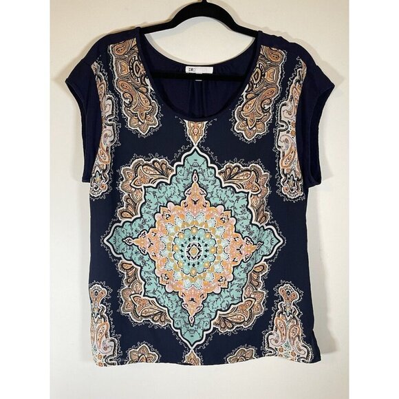 DR2 by Daniel Rainn Women's Sz Med Short Cap Sleeves Multicolor Blouse Tunic - Picture 1 of 6
